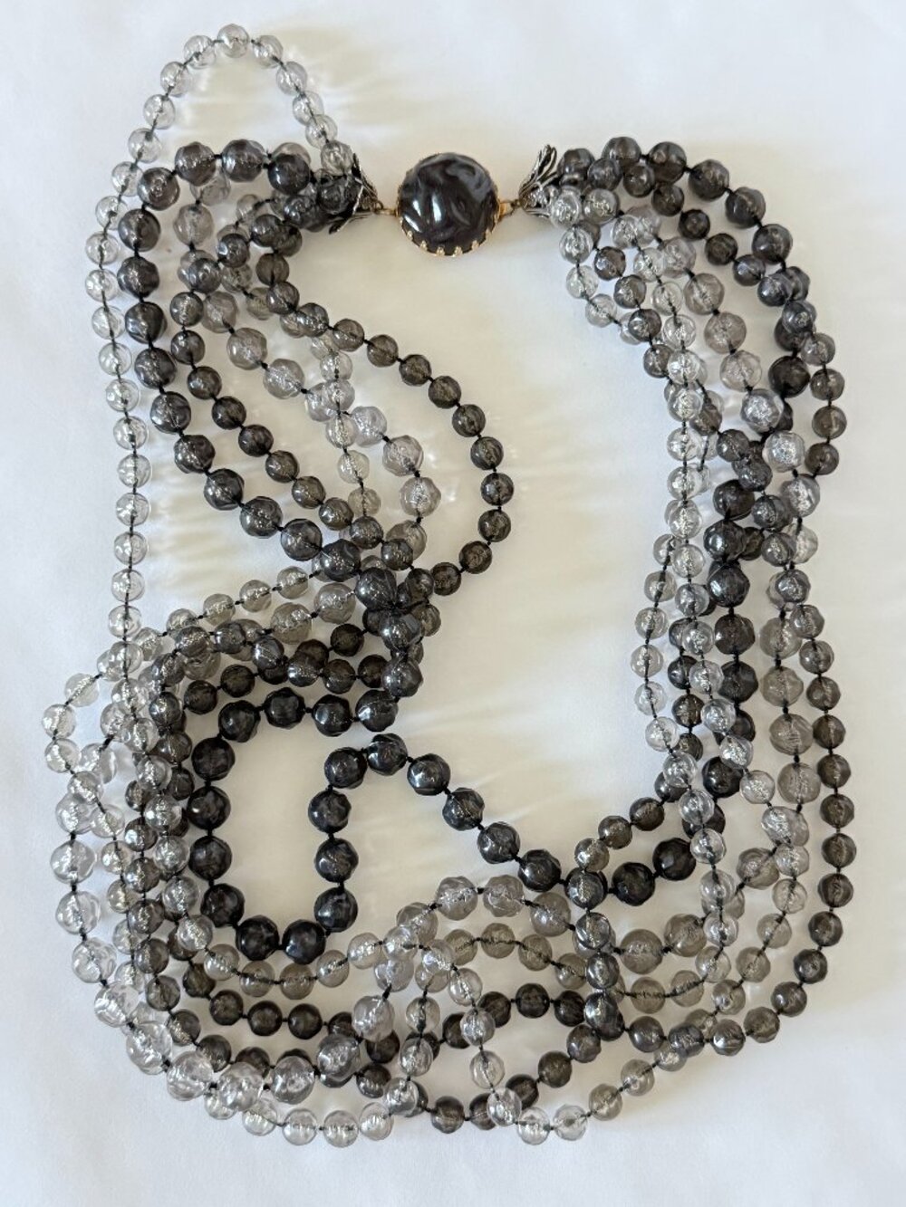 VINTAGE HANDMADE Multi-Strand Smoky to Black Beaded Lightweight Necklace